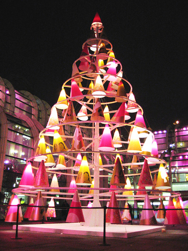 Pink and yellow light christmas tree